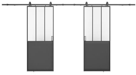 Vente-unique-Puerta corredera doble estilo taller - Negro y vidrio templado esmerilado - 2 x Alt. 205 x Ancho 93 cm - ARTISTO II