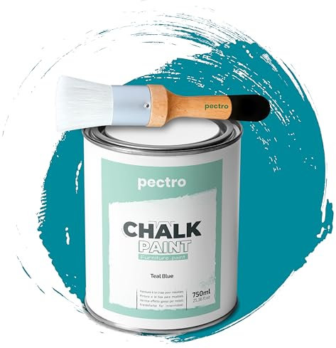 PECTRO Chalk Paint Vernice a Gesso 750ml + Pennello Tondo in Legno Pack - Pittura per Mobili Senza Carteggiare - Chalk Paint Bianco e Colori per legno Efetto Polvere (Blu Verdastro)