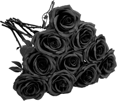 Uhky Künstliche Rosen, Seidenblumen, 10 Stück, künstliche Rosensträuße mit einem Stiel, für Halloween, Hochzeit, Zuhause, Party, Dekoration (schwarze Rose)