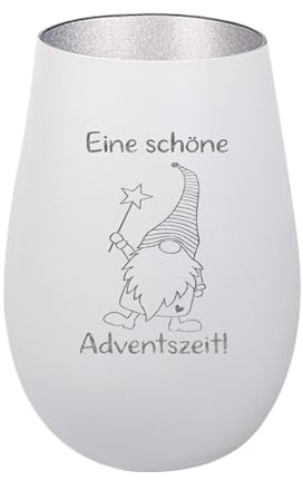 Der-Porzellan-Laden Windlicht mit Gravur Schöne Adventszeit Weiß Silber | Teelichthalter Weihnachten aus Glas Weihnachtsdeko Tischdeko