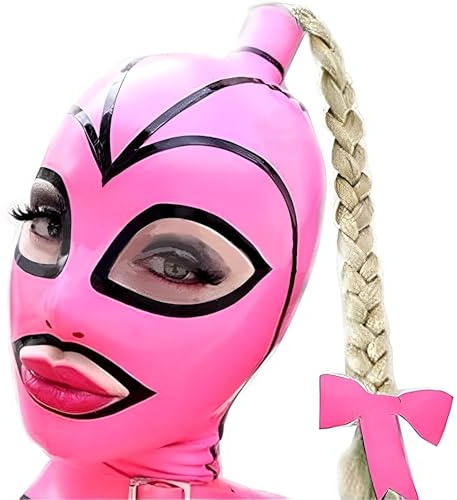 YZPNBW Rosa Latex Maske Blonde Perücke Handgewebt SM Bondage Fesselmaske Paar Flirten Cosplay Maskerade Halloween BDSM Fetisch Extreme Maske Mit Reißverschluss Hinten Atemloch