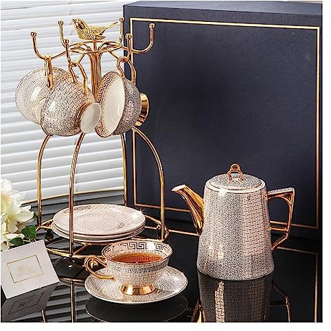 CLLBANT Fine Bone China Tea Set with Metal Holder, Cups & Saucer Service for 4, Afternoon Tea Party
