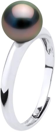 PEARLS & COLORS - Bague Prestige en Perle de Tahiti Cultivée Ronde 7-8 mm - Qualité A+ - Argent Sterling 925 - Taille Ajustable - Bijoux pour Femmes