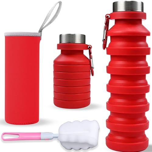 DARZWAY Botella de Agua Plegable de Silicona 300–550 ml – Bolsa Térmica Neopreno y Cepillo – Cantimplora Compacta y Reutilizable – Para Senderismo, Viajes y Deporte al Aire Libre – Sin BPA. (Rojo)