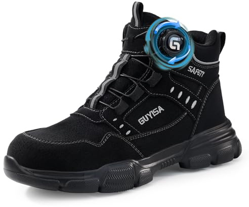 GUSAYEX Steel Toe Cap Boots Mens Lightweight Safety Boots with Puncture Resistant Midsole and Swivel Buckle Quick-Lace Work Boots for Construction Warehouse and Industrial Use Black