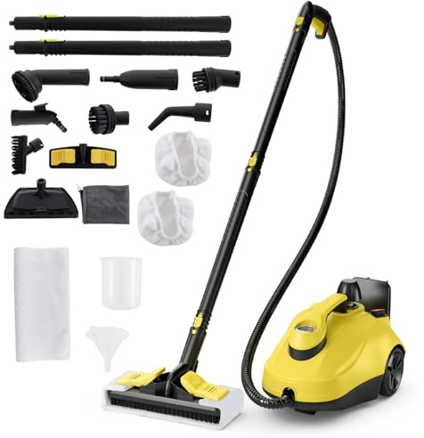 GOPLUS Limpiador a Vapor 2000W, Máquina de Limpieza a Vapor con Depósito de 1,8L, Alta Presión de 5 Bar, Mopa a Vapor con Ruedas y Accesorios Completos, para Suelos, Ventanas, Alfombras (Amarillo)