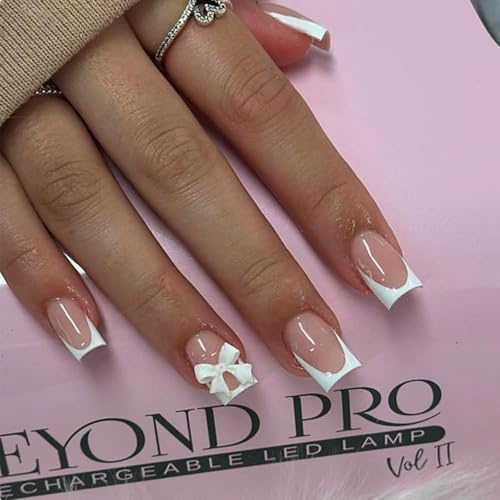 Press On Nails, 24 Pcs French Tip False Nails Square, Stick-On-Nails Short, Fake Nail White French Tip, Impress On Nail With 3D Bow Decoration For Women Girls