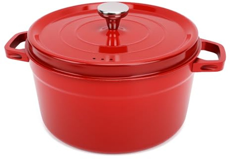 Olla de horno holandés de hierro fundido esmaltado con tapa y dos asas, olla redonda de horno holandés de hierro fundido para guisar, guisar, cocinar, marinar, cocinar, hornear, enfriar, servir, rojo