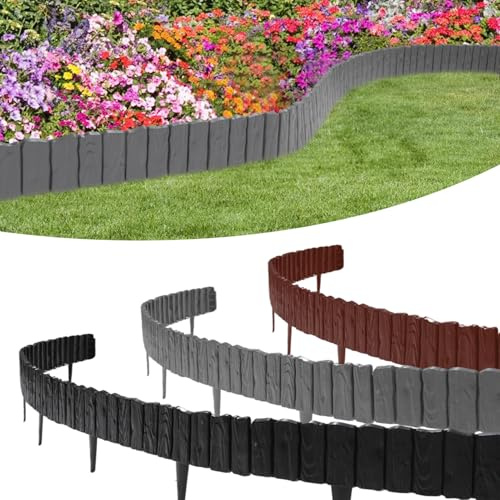 Jiubiaz Kunststoff Rasenkante 6.84M Holz Optik Garden Border aus Polypropylen Schwarz 12 Stück Palisade Beetumrandung Rasenkante Beeteinfassung 1 Element LxH: 57x21 cm