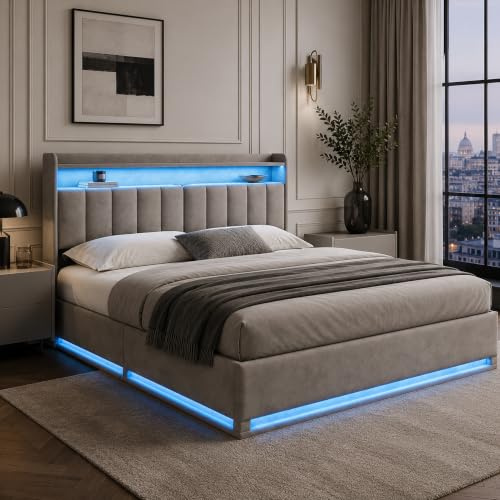 DULRLLY LED Bett mit Stauraum 140x200 mit USB＆Verstecktem Stauraumkopfteil