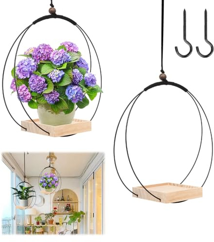 2 Stück Makramee Blumenampel Hängend aus Metall, Hängeampel mit Holzsockel, Decke Hängende Pflanzer, Hängetöpfe für Pflanzen Innen, Sukkulenten & Kakteen, Hängender Blumentopf(Schwarz und Holz)
