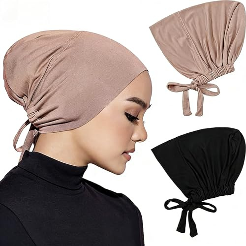 2Pcs Women Hijab Undercap, Under Hijab Cap, Cap Islamic Muslim, Adjustable Hat Cap (Black+Khaki)