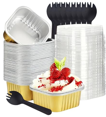 Lot de 50 mini moules à gâteau carrés réutilisables en aluminium avec couvercles et cuillères pour pain, dessert, mariage, fête d'anniversaire - 150 ml - Doré