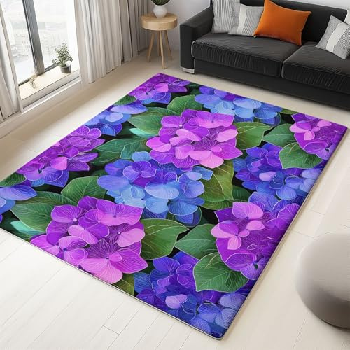 Generico 3D Tappeti Piante Ortensie Blu-Viola Tappeto a Pelo Corto Anti-perdita, per Soggiorno Camera da Letto Multicolore Tappeti, Interni Tappeto Antiscivolo Adatto Agli Animali 140 x 200 cm