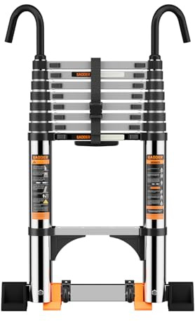 Telescopic Ladder,3.2M Stainless Steel Thickened High-Strength Loft Ladder, step ladder with Stabilizer Bar and Detachable Hooks, Multi Purpose Extendable Portable Folding Ladders