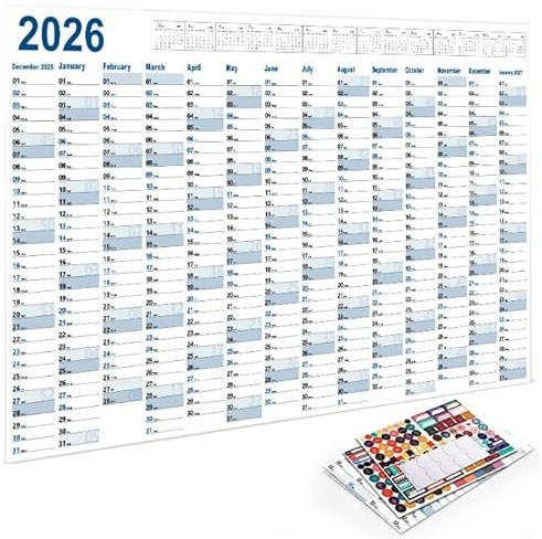 Calendario da parete 2026, calendario da parete 2026, da gennaio a dicembre, grafico annuale accademico, poster annuale con adesivi, 74,2 x 52,5 cm, dicembre 2025-gennaio 2027, planner da parete per