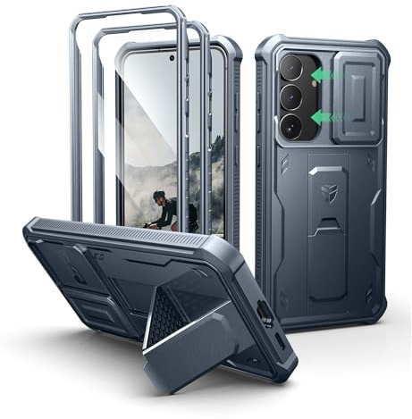 Dexnor Kompatibel mit Samsung Galaxy S25 FE Hülle mit Eingebaute Schiebekamera Abdeckung&Displayschutz&Kickstand, Schwerlast Stoßfestes Robustes Ganzkörper Stoßfänger Handyhülle - Marineblau