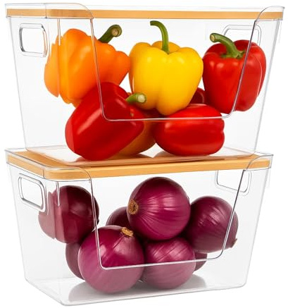 SUNNYNEST 2PC Stackable Fridge Organizers with Lid Produce Storage Bins | Clear stackable fridge storage organizers with lids, ideal for fruits, vegetables, onions, potatoes and kitchen organization.