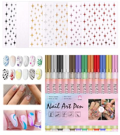 hommova Nail Art Pens, 12 Colors 0.7mm Nails Art Drawing Marker Paint Pen Set with 8 Star Sticker for Diy Manicure Tools