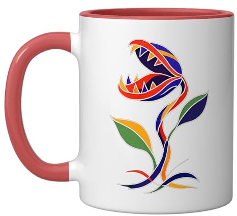 Carnivorous Plant Venus Fly Trap Design Thin Line Art Ceramic Mug, Red/White