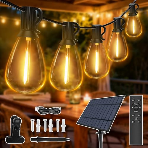 Ollny Ghirlanda di luci solari per esterni, 30 m, 35 + 2 lampadine LED, illuminazione solare S11 con telecomando, 3 modalità, funzione timer, impermeabile IP65, per giardino, balcone, campeggio