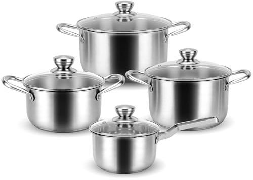 MEKOTRIN Batería de Cocina 8 Piezas Acero Inoxidable 304, Juego de Ollas y Sartenes Inducción con Tapas de Cristal, Cacerolas Multicapa para Todas las Cocinas, Fácil Limpieza
