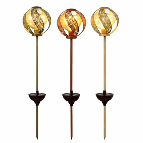 formano Juego de 3 luces solares LED para jardín, bola de metal con avance y estaca, 94 cm, luz blanca cálida, IP44, decoración exterior, incluye batería