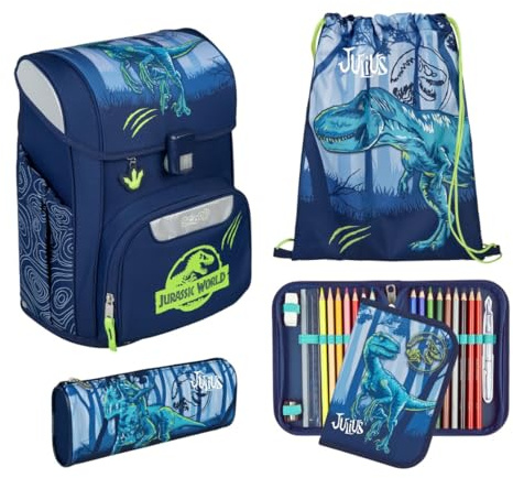 Undercover Schulranzen Set 5-TLG. Jungen 1. Klasse, Mit personalisiertem Zubehör Turnbeutel Federmappe für Grundschule, Schultasche Jurassic World Dinosaurier, 19L Blau