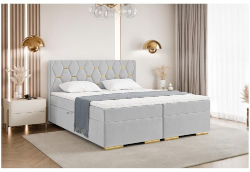 MEBLINI Boxspringbett mit Bettkasten - 180x200 - H3/Hellgrau Samt - Versal - Gepolstert Doppelbett mit Matratze und Topper - Polsterbett mit Stauraum - Bett mit Kopfteil - Stauraumbett