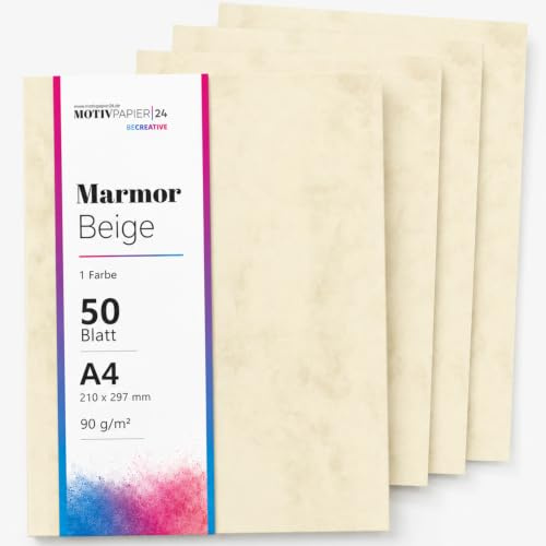50 Blatt Briefpapier (A4) | Marmor Beige beidseitig marmoriert bedruckt | Motivpapier | edles Design Papier | Vintage Bastelpapier hell | 90 g/m²