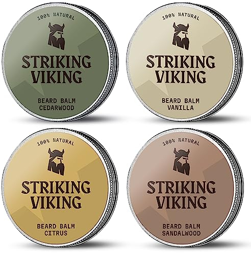 Striking Viking Bartbalsam 4 Pack - Vier 1 oz. Blechdosen - Bartbalsame Sandelholz, Zedernholz, Vanille & Zitrusfrüchte - Bartwuchsmittel für kräftigen Bart - Bartöl Hautpflege