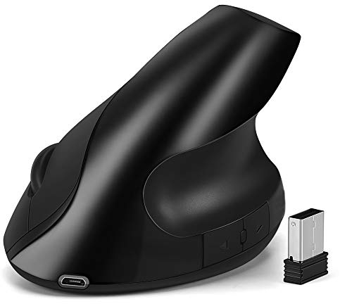EasyULT Mouse Verticale Wireless, Mouse Portatile Ergonomico Ricaricabile 2.4G, 800/1200/1600 3 Livelli DPI Regolabile, 6 Pulsanti, Mouse Senza Fili per PC, Desktop, Laptop(Nero)