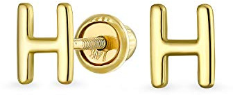 Abc Minimalistische Echte Gelb 14K Gold Bsperren Alphabet Buchstabe Initialee H Ohrstecker Sicherheitskugel Schraube Zurück Für Teenager Für Frauen