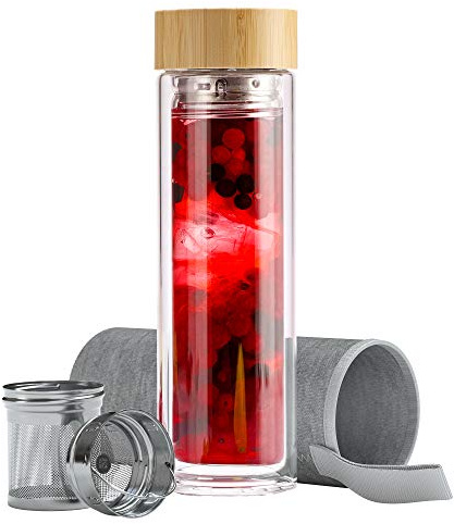 EAZY CASE Teeflasche aus Glas mit Bambus Deckel, Teesieb aus Edelstahl und Neoprenhülle, Teekanne ideal für unterwegs, doppelwandige Trinkflasche, Tee Flasche to Go 500 ml