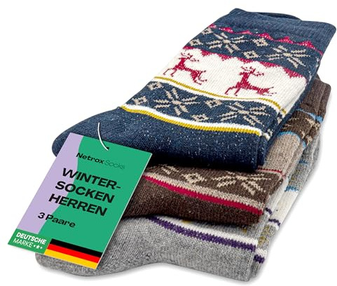 Netrox 3 Paar Herren Wintersocken, warme Weihnachtssocken | Dicke Socken für kalte Tage, bequeme & atmungsaktive Winterstrümpfe mit festlichen Mustern, kuschelig und warm