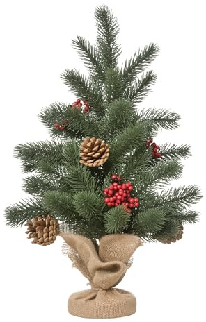 HOMCOM Mini Künstlicher Weihnachtsbaum 50 cm Christbaum mit Beeren | 4 Roten Beeren, 4 Tannenzapfen, Kleine Kunsttanne, 55 Zweige, Weihnachtsdeko, Zementbasis, Leinenbezug