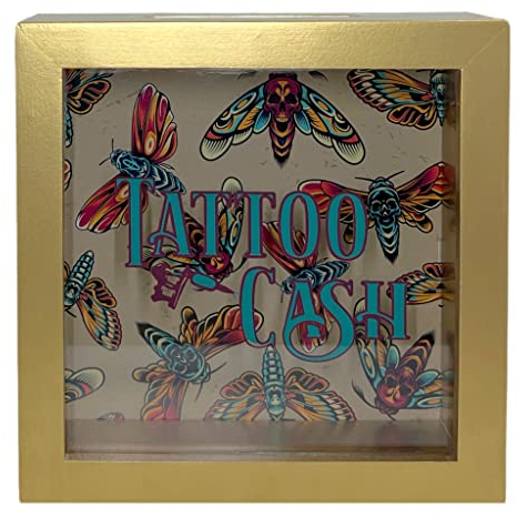 Tirelire Tattoo Cash en bois avec fenêtre de visualisation et boîtier blanc – Économisez de l'argent pour vos tatouages (boîtier doré avec motifs de tatouages colorés)