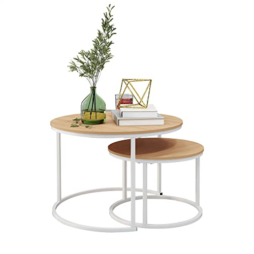 HOJINLINERO Lot de 2 tables basses rondes noires pour le salon, tables d'appoint industrielles empilables, table d'appoint pour décoration de chambre à coucher, blanc + chêne