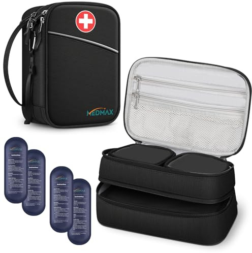 MEDMAX Borsa Termica per Insulina con 4 Impacchi di Ghiaccio, Medicinali Organizzatore da Viaggio, con Custodia Extra per Penne Insulina, Misuratori di Glucosio e altri Diabetici Accessori, (Nero)
