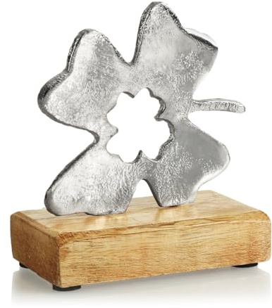 com-four® Hoja de trébol - Decoración de Metal - Hoja de trébol Decorativa de Metal y Base de Madera de Mango (1 Pieza - Hoja de trébol)