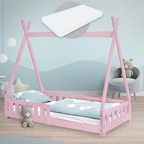 ML-Design Letto a Terra per Bambini Design Tipi 80 x 160 cm Rosa, in Legno di Pino Massiccio, con Sponde Protezione Anticaduta e Materasso Sfoderabile in Schiuma Fredda, Giroletto Montessori