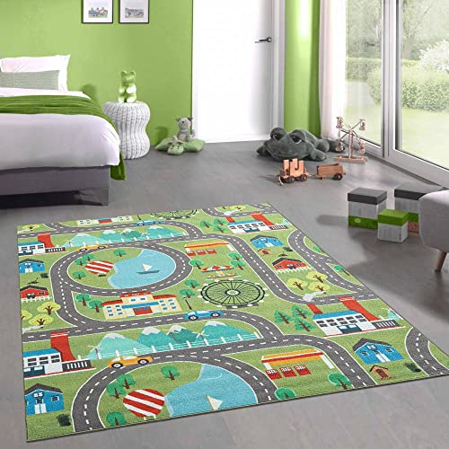 CARPETIA Kinderteppich Stadtlandschaft Straßen Grün 100x200 cm | Rutschfest, strapazierfähig, hautsympathisch und schadstofffrei, OEKO-TEX geprüft, für Fußbodenheizung & Kinderzimmer