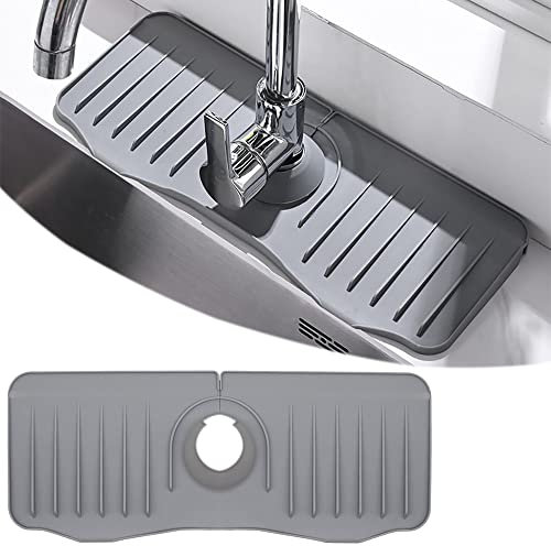 Kukifun Silicone Faucet Handle Drip Catcher Tray,40cmx15cm Sink Tap Splash Guard Draining Protector Mat for Kitchen Bathroom,Gray,B Style