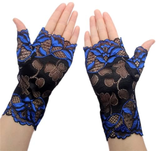 Herbests Frauen Spitze Fingerlose Handschuhe, Elegant Blumen Kurze Handschuhe Sommer Sonnenschutz Handschuhe Fingerlose Fahrhandschuhe Spitzenhandschuhe für Damen Oper,Fasching, Karneval, Tanzen,Blau