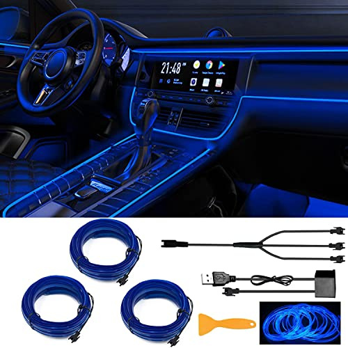3 Pieces EL Wire Car LED Interior Lights Strip,One Interface Links Three Lines, USB Neon Wire Lights Total Length 8m 6mm Wide Sewing Edge Glowing EL Wire Lights for Car Ambient Lighting Kit
