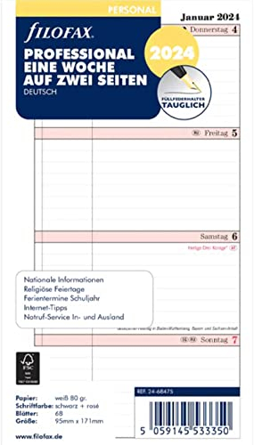 FILOFAX Kalendereinlage Personal Professional 1 Woche auf 2 Seiten (Deutsch)2024