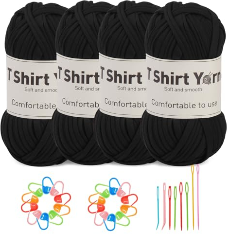 Doxiru 4er-Pack 100 g T-Shirt-Garn-Set, Garn zum Stricken, Stoff, Strickgarn, Baumwollgarn, weiches großes Garn, Häkelgarn-Set zum Stricken, Häkelgarn, Webzubehör (schwarze Farbe)