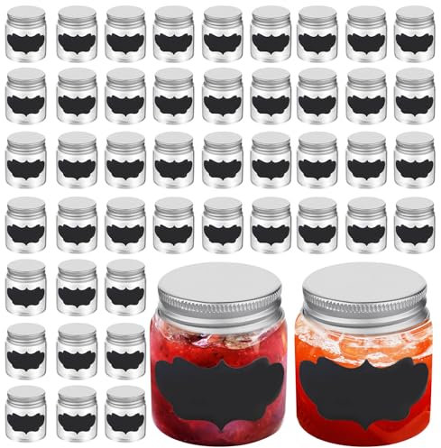 Voittozege Lot de 48 mini bocaux Mason de 56,7 g avec couvercles argentés en verre transparent et 48 étiquettes, pots à épices en verre, petites bouteilles de jus Mason pour confiture, miel, cadeaux