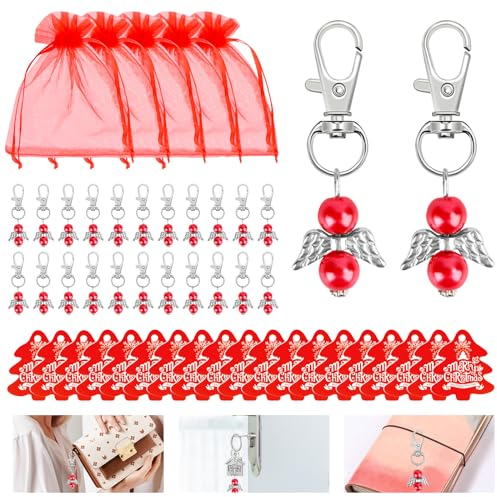 Byffoer Schutzengel Anhänger,24 Stück Schutzengel Gastgeschenk Engel Anhänger mit Engel Anhänger Organza Säckchen Kraftpapier Anhänger für Weihnachten Hochzeit Gastgeschenke Kommunion Geschenke (rot)