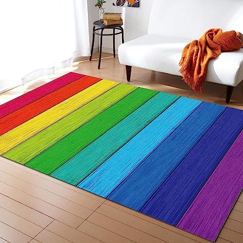 Teppich Schlafzimmer Modern Vintage Regenbogen-Holzbretter 3D Teenager Kind Junge Wohnzimmer Teppich rutschfeste Dekoration Carpet Teppiche 80 X 120 cm